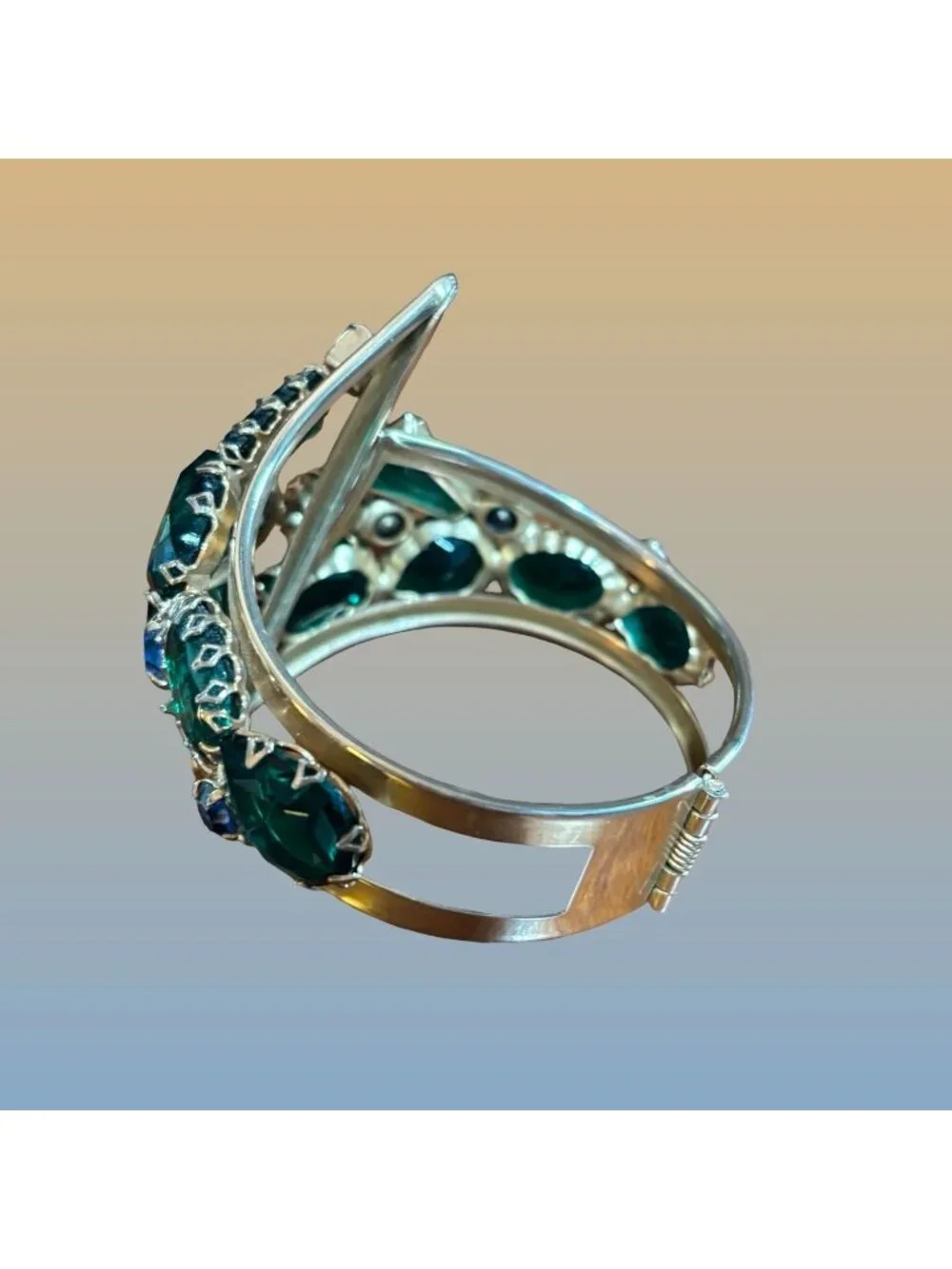 Gold Tone Hinged Bangle Green Blue Rhinestone Art Deco Statement Bracelet Vintag